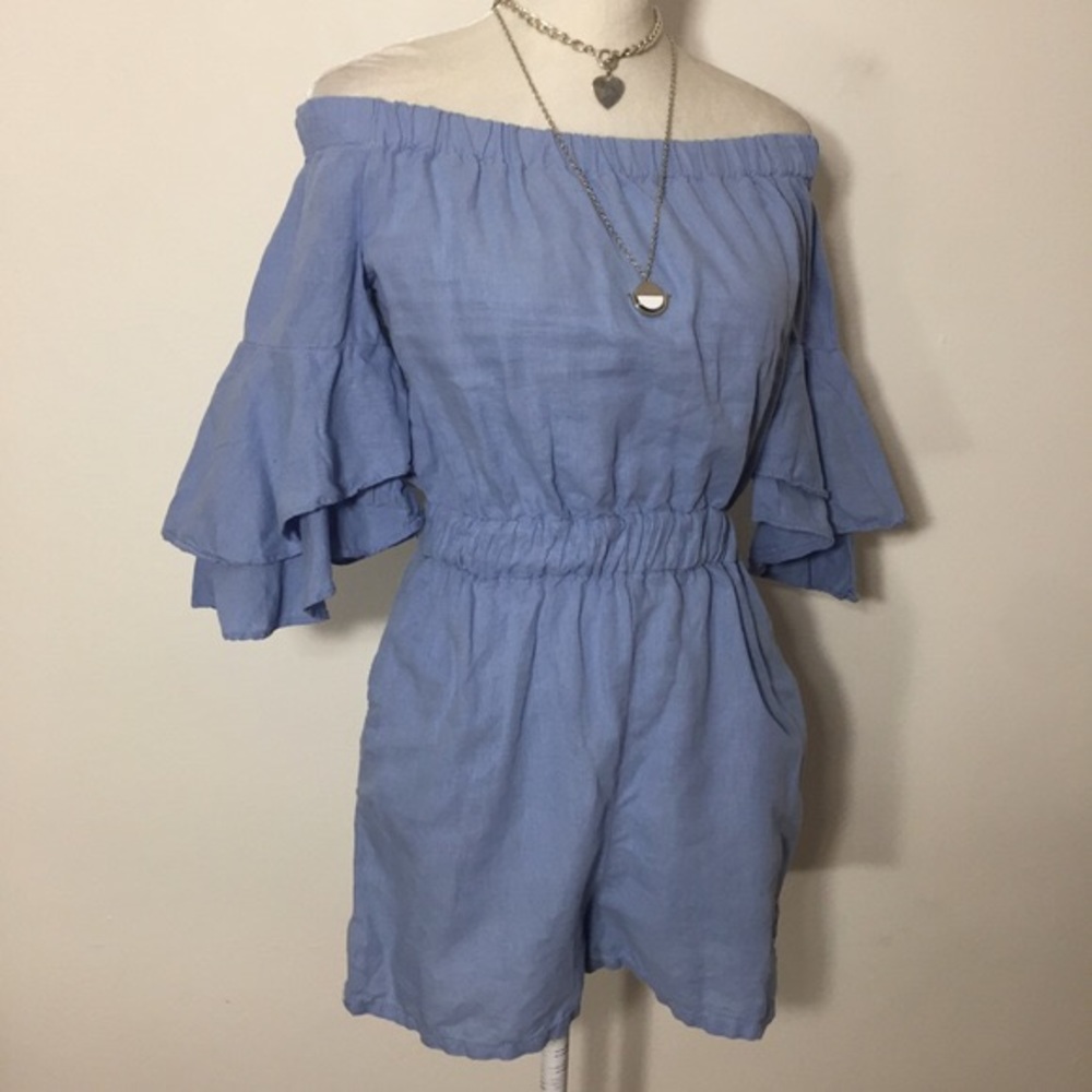 Zara • blue linen one piece off shoulder romper